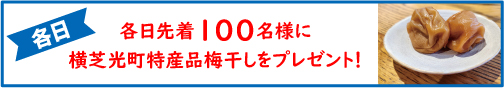 各日先着100名様に横芝光町特産品梅干しをプレゼント！